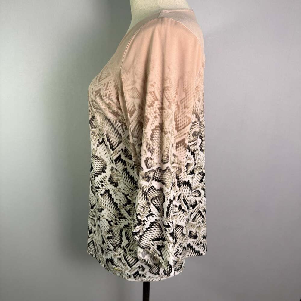 Calvin Klein Womens 0X Plus Tan Snakeskin Ombre V-Neck 3/4 Split Sleeve Blouse - Picture 7 of 16